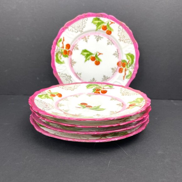 Set of 5 Vintage RS Prussia Dessert Saucers Cherry Design (4 Good + 1 Damaged) - Picture 2 of 10